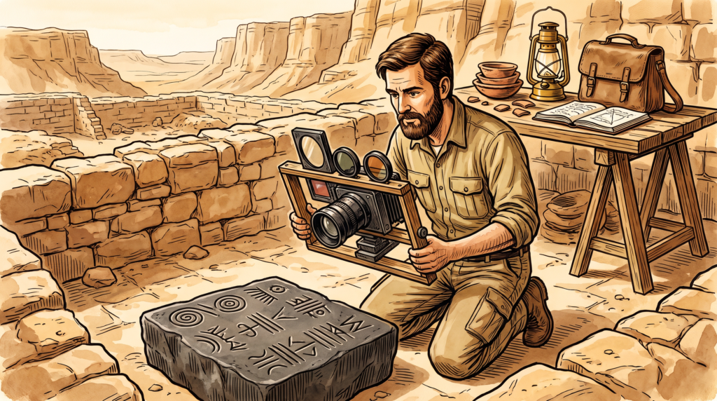 Hand-painted woodcut of a modern bearded archaeologist photographing an Iron-Age basalt inscription slab at an Israeli dig site; visible watercolour face, warm ochre and sepia washes, no text.