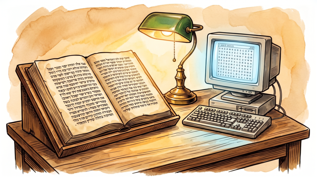 Hand-painted woodcut still life: an open ancient parchment codex on a wooden lectern on the left, a small 1990s computer monitor showing a word-search interface on the right, joined at a brass desk lamp at the centre.