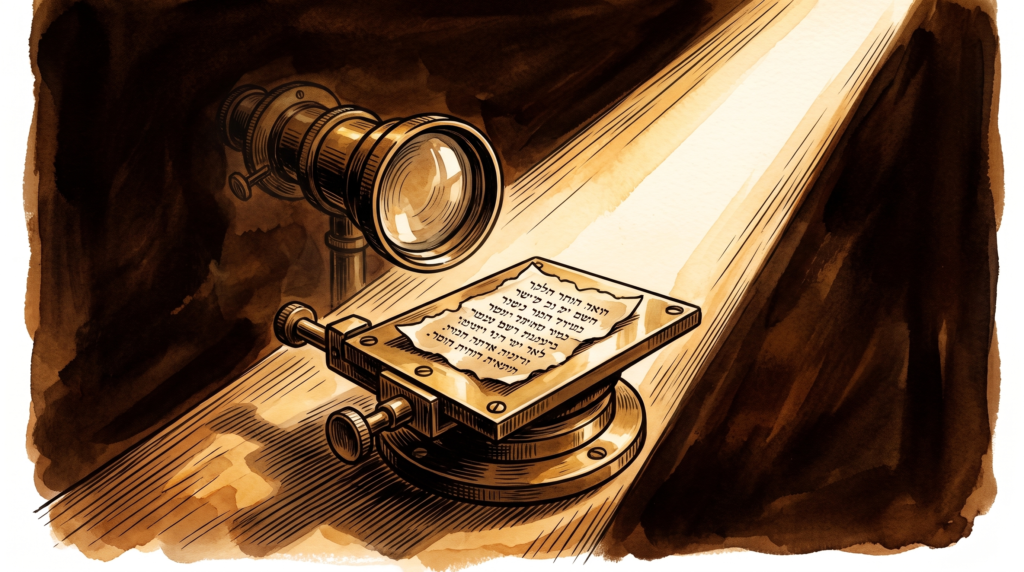 Hand-painted woodcut of a small parchment fragment on a metal sample stage, lit by a strong diagonal beam of light with a faint optical spectrometer lens behind it, against a dark umber background, in a forensic woodcut style.