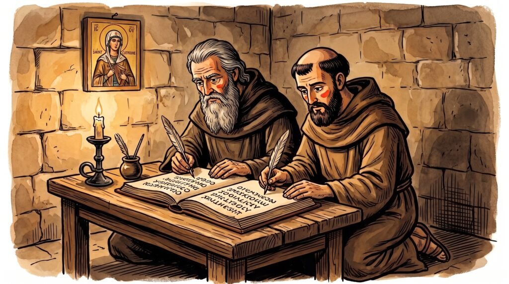 Hand-painted woodcut illustration in warm ochre and sepia of an ancient scholar in a candlelit study surrounded by unfurled parchment scrolls, stacked papyrus codices, and a writing desk with reed pens.