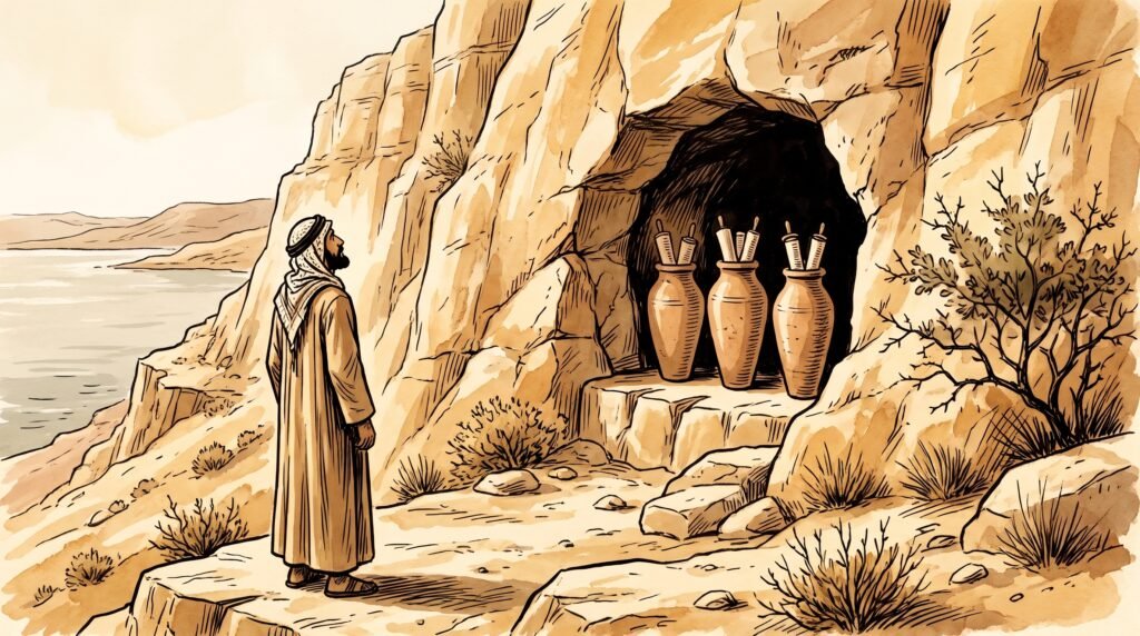 Hand-painted woodcut illustration in warm ochre and sepia of a Bedouin shepherd in a long robe and keffiyeh standing before a sun-bleached limestone cliff at the Qumran caves on the northwestern shore of the Dead Sea, three tall clay jars with linen-wrapped scrolls visible in the dark cave opening, a few sparse desert shrubs.